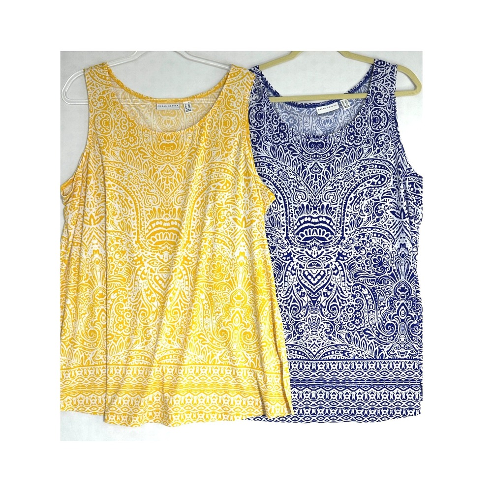 Susan Graver Liquid Knit Paisley Tank Top Lot of 2 Yellow Blue 2X A263004